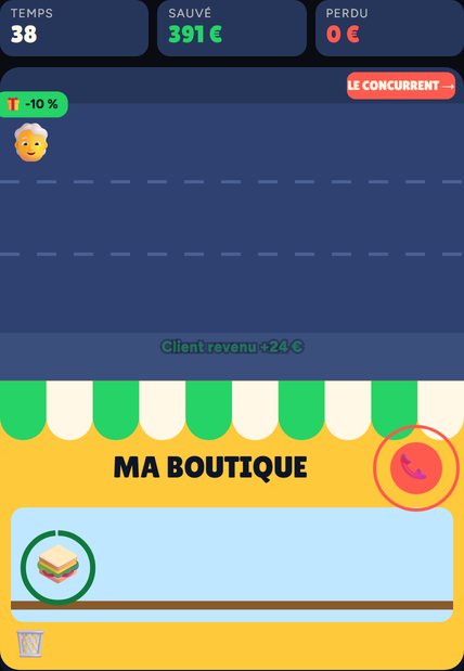 Le jeu Sauve ta boutique : des clients dans la rue, les produits de la vitrine et le téléphone qui sonne